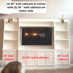 white built in media center with dimensions Diy Built In, Storage Living Room, Tv Built In, Built In Entertainment Center, Diy Entertainment, Living Room Built Ins