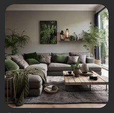 Comfortable Minimalist Living Room, Grey Olive Living Room, Gray Couch Decor Ideas, Neutral Aesthetic Living Room, Earthy Living Room Decor, Earthy Living Room Ideas, Living Room Design Green, Gray Sofa Living