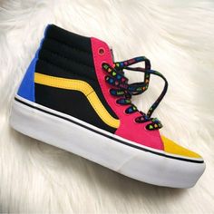 Vans Sk8-Hi Vans Platform 2 , Crawler, Hi Top, Colors; Pink Yellow Black White And Blue Beads Mix Max Lace New In Original Box Vans Come With Extra Shoelace Checker Laces Heart And Beads On Laces Vans Multicolor Synthetic Sneakers, Trendy Multicolor Vans Sneakers, Beads On Laces, White Platform Vans, Vans Authentic Platform, Vans Sk8 Hi Platform, Vans Platform, White Platform Shoes, Old Skool Platform