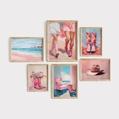 four framed pictures with pink shoes and hats