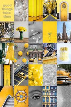 a collage of yellow and black images