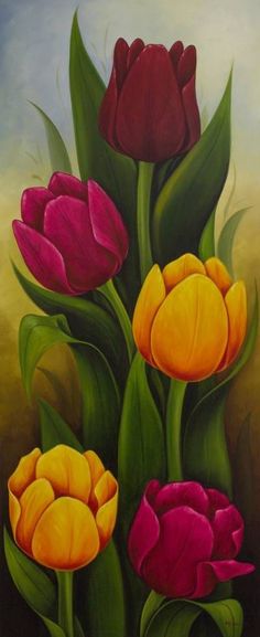 an oil painting of tulips and other flowers