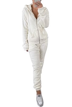 White Fleece Hoodie and Pants Sportswear Winter Fleece Tracksuit In Athleisure Style, Winter Fleece Tracksuit For Loungewear, Winter Fleece Loungewear Activewear, Winter Fleece Activewear For Loungewear, Comfy Fleece Tracksuit For Loungewear, Comfortable Winter Fleece Tracksuit, Comfortable Winter Tracksuit For Loungewear, Cozy Fleece Tracksuit, Winter Loungewear Sportswear Sweatpants