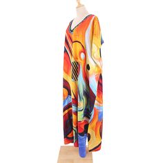 Orange Graffiti Loose Beach Kimono Dress Multicolor Print V-neck Beach Dress, Colorful V-neck Beach Dress, Multicolor Print Summer Vacation Dress, Multicolor Print Summer Dress For Vacation, Summer Multicolor Print Dresses For Beach Season, Summer Vacation Dresses In Multicolor Print, Summer Dresses With Multicolor Print For Beach Season, Summer Dresses In Multicolor Print For Beach Season, Summer Beach Party Dresses In Multicolor Print