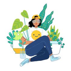 a woman sitting on the ground surrounded by plants and potted plants, with her arms crossed