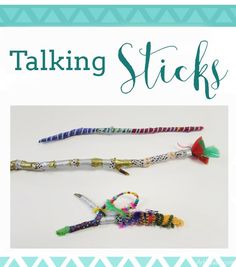 three different types of beaded items with the words talking sticks