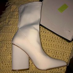 Pretty Little Thing White Sock Boot Heels, Size 6. I Wear A 6/6.5 And These Fit Perfectly. I Bought Two Pairs By Accident But Forgot To Return In Time, So These Are Brand New. Originally $68 Dollars & Never Worn! Also Comes In Box With Shoe Covers, Box Is Pretty Beat Up From Shipping But Shoes Are In Brand New Condition. Winter White Heels Medium Width, Trendy White Heels For Fall, White Medium Width Heels For Winter, Trendy White Winter Heels, White Pointed Toe Booties For Winter, Trendy White Winter Booties, Fitted White High Heel Booties, White High Heel Casual Booties, Trendy White Booties For Spring