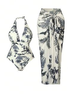 Beige Elegant Collar   Tropical,Plants,All Over Print  Embellished High Stretch  Women Plus Clothing Plus Size One Piece, One Piece Swimwear, Plus Clothing, Fashion Prints, Daily Wear, Women Clothes Sale, All Fashion, Clothing And Shoes, Kids Outfits