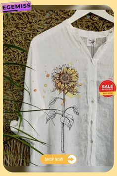 Retro Loose Basic Simple Casual Sunflower Print Summer Cotton and Linen Shirt Long Sleeve Shirt With Plant Print For Summer, White Tops With Sunflower Design For Spring, White Top With Sunflower Design For Spring, Summer Long Sleeve Shirt With Plant Print, Casual White Top With Sunflower Design, White Tops With Sunflower Design For Summer, Casual White Tops With Sunflower Design, White Summer Tops With Sunflower Design, Long Sleeve Sunflower Print Tops For Spring