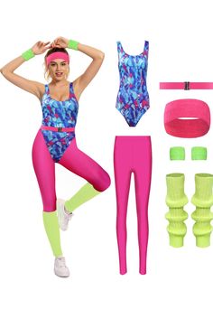 a woman in pink and blue sports wear with neon green knee pads, headbands and leggings