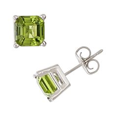 Earring Details: Diameter: .24-in. Backings: post Metal: rhodium-plated sterling silver Gemstone Details: Gemstone type: genuine peridot Cut:Asscher Setting: prong  Size: One Size. Color: Green. Gender: female. Age Group: adult. Post Metal, White Gold Earrings Studs, Peridot Jewelry, Peridot Stone, Sterling Silver Stud Earrings, Gold Stud Earrings, Silver Stud Earrings, Gold Stud, Sterling Silver Studs