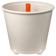 a white plastic cup with an orange handle