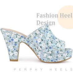 Looking for the perfect pair of summer sandals that will keep you both stylish and comfortable? Look no further than these must-have platform heel slides! Featuring an open-toe design, chunky block heels, and a beautiful floral cut-out design, these slip-on shoes are perfect for any summer activity. They are also lightly padded for added comfort, ensuring that your feet stay happy all day long. These classic shoes are versatile and can be worn with anything from jeans to dresses, making them a s Spring Open Toe Platform Slippers With Deep Heel Cup, Summer High Heel Platform Slippers With Chunky Platform, Summer Chunky Platform High Heel Slippers, Trendy Summer Platform Slippers With Deep Heel Cup, Trendy Spring Clogs With Chunky Platform, Trendy Spring Chunky Platform Clogs, Casual Platform Block Heels For Summer, Casual Summer Platform Block Heels, Blue Synthetic Platform Slippers For Summer