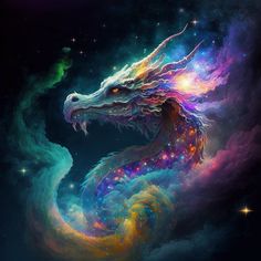 a colorful dragon is in the sky with stars and clouds around its head, as if it's breathing