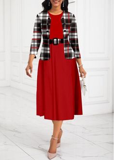 Color:Red;Size:1X;Size:2X;Size:3X;Package Contents:1 X Dress , 1 X Cardigan , 1 X Belt;Occasion:Other;Style:Work; 1940s Winter Fashion, Winter Fashion Plus Size, Dress And Cardigan, Red Two Piece, Sukienki Plus Size, Round Neck Dress, Flowy Design, Round Neck Dresses, Fashion Plus Size