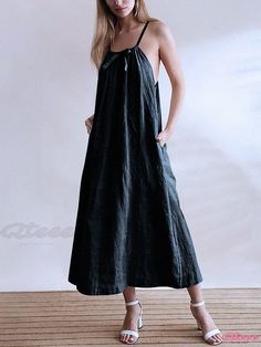 Chic Long Dress with Adjustable Halter Neckline and Ruffled Trim Chic Maxi Dress With Pockets For Vacation, Chic Vacation Maxi Dress With Pockets, Chic Summer Maxi Dress With Pockets, Chic Spring Sundress With Pockets, Chic Sundress With Pockets For Day Out, Chic Solid Color Linen Dress, Black Linen Spaghetti Strap Dresses, Chic Maxi Dress With Spaghetti Straps And Pockets, Chic Maxi Dress With Pockets For Dress Down Occasions