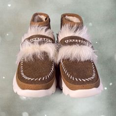 Brand New, Everyone Needs One Of These For The Winter! Perfect For The Holidays! Brown Winter Sneakers With Textured Sole, Brown Slip-on Winter Sneakers, Ugg Fur Boots, Tall Tan Boots, Ugh Boots, Ugg Rain Boots, Tall Winter Boots, Tall Uggs, Ugg Boots Tall