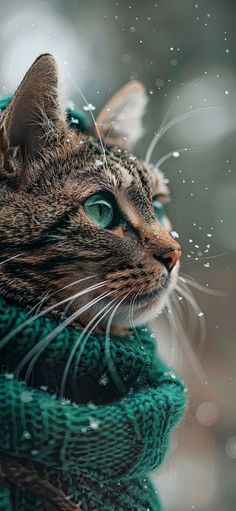 a cat wearing a green scarf with snow falling on it's head and eyes