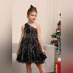 Nwt Grace Karin Girls Seq Uin Dress One Shoulder Sparkle Party Dress With Hair Bow Color: Black And Gold Size 8y Holiday Sequin Dress For Dress-up, Holiday Sequin Dress For Pageant, Princess Style Sleeveless Tutu Dress For Holiday, Holiday Princess Style Sleeveless Tutu Dress, Black Princess Style Spring Dress, Cute Christmas Princess Dress For Party, Cute Christmas Party Princess Dress, Princess Style Dress For Holiday Party Season, Princess Dress For Holiday Party Season