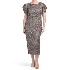 Adrianna Papell Beautiful Beaded Ankle Length Dress Elegant Lace Midi Dress With Sequins, Elegant Short Sleeve Embellished Sequin Dress, Embellished Lace Midi Dress For Evening, Navy Blue Formal Dress, Navy Blue Cocktail Dress, Cocktail Prom Dress, Beaded Formal Dress, Beaded Ankle, Long Midi