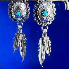 Silver Tone Concho Earrings With Prayer Feathers Turquoise Color Sone , Nwt Southwestern Blue Earrings For Pierced Ears, Southwestern Style Blue Earrings For Pierced Ears, Southwestern Style Blue Pierced Earrings, Nickel-free Blue Southwestern Earrings, Southwestern Blue Earrings For Gift, Blue Southwestern Style Earrings For Gift, Concho Earrings, Morganite Earrings, Multicolor Earrings