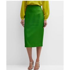 Color: Ks Green 100% Polyester Lining: 95% Polyester, 5% Elastane Duchess Satin Woven Midi Skirt Size 8 Measures 30.75" Long From Top To Bottom Cut For A Slim Pencil Silhouette Center Back Zipper Dry Clean Only Sold Out Everywhere But Here! Green Lined Skirt For Formal Occasions, Formal Green Lined Skirt, Green Formal Midi Skirt, Green Midi Skirt For Work, Green Midi Skirt For Workwear, Chic Green Skirt For Office, Green Relaxed Skirt For Work, Green Relaxed Fit Skirt For Work, Green Pencil Skirt For Formal Occasions