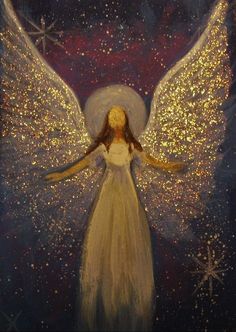 a painting of an angel with stars in the sky and snow flakes all around