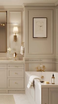 a large bathroom with two sinks and a bathtub