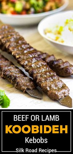 beef or lamb kobob kebobs with salad in the background and text overlay