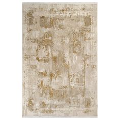 a beige and gold rug with an abstract design on the bottom, in front of a white background