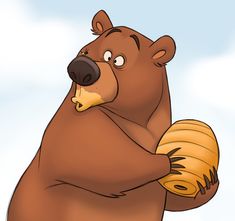 a brown bear holding a piece of bread in its paws and looking at the sky