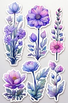 purple flowers and leaves stickers on a white background