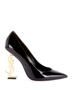 Saint Laurent OpYum Patent 110mm YSL-Heel Pumps - Golden Hardware | Neiman Marcus Ysl Purse, Ysl Heels, Heel Pumps, Fashion Slippers, Pointed Heels, Saint Laurent Shoes, Luxury Purses, Roger Vivier, Patent Leather Pumps