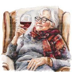 an elderly woman sitting in a chair holding a glass of wine