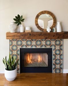 a living room with a fire place and potted plants on the fireplace mantel