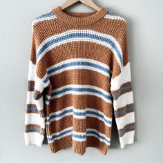 American Eagle Outfitters Brand Women’s Crewneck Sweater/ Long Sleeves Brown, Cream, And Blue Colors/ Striped Pattern Super Soft And Cozy This Sweater Does Have Some Wear And Tear- Pilling, Looks Semi Frayed, And Has A Small Snag At The Neck- Shown In Photos! The Price Of This Item Reflects The Current Condition Of The Sweater Size: Small Fabric: See Photos Of Tag Good, Preowned Condition! Gently Worn And Pre-Loved Most Of My Items Have Some Natural Wear Because They Are Preowned. More Serious F Casual White Sweater For Brunch, Fabric Pilling, Edgy Chic, Sweater Brown, Tiktok Style, Vintage Casual, Brown Sweater, Fall Sweaters, Crewneck Sweater