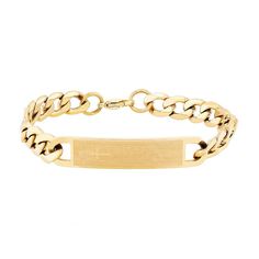 Keep the word of the Lord at all times with this gold tone ion-plated curb chain bracelet featuring an inscription of the Lord's Prayer. Keep the word of the Lord at all times with this gold tone ion-plated curb chain bracelet featuring an inscription of the Lord's Prayer. Inscription: Lord's Prayer Metal: stainless steel Length: 8.75 in. Plating: gold tone ion-plated Finish: polishedPlease note, due to the high value of this item, a signature may be required upon delivery. Color: Yellow. Gender Gold Nameplate Curb Chain Bracelet, Gold Nameplate Chain Bracelet, The Lord's Prayer, Curb Chain Bracelet, Lord's Prayer, The Lords Prayer, Mens Gold, Mens Jewelry Bracelet, Curb Chain