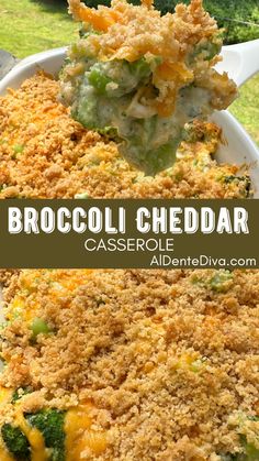 broccoli cheddar casserole is in a white dish