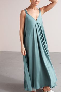 "MALIA dress. ✦ SURPRISING. MYSTICAL. FREE. ✦ Don't mind us, we're just fluttering by to let you know that this maxi dress would look so amazing on you! It features a lovely relaxed fit that looks amazing on any body type. It will be your number one for any special occasion. * Tailoring time - 3 weeks * ✅ SIZE & FIT Model is 173 cm/5'7 and wears ONE SIZE dress. Full length - 142 cm / 55,9\". Please note that all garment measurements might have slight variations due to the handmade nature of Maternity Maxi, Ankle Length Dress, Flowy Maxi Dress, Maxi Slip Dress, Loose Dress, Ankle Length, Maternity Dresses, Full Length, Sleeveless Dress