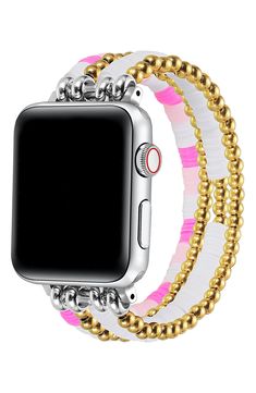 Beads and rondelles bring gleam and color to this friendship bracelet–inspired Apple Watch watchband that's an ideal gift for your bestie or yourself. 16mm band width Apple Watch not included Compatible with all Apple Watch series Stainless steel/resin Imported Trendy Silver Beaded Watch Band, Trendy Gold Beaded Watch Bands, Trendy Beaded Gold Apple Watch Band, Adjustable Gold Beaded Watch Bands, Trendy Gold Beaded Apple Watch Band, Adjustable Gold Apple Watch Band With Round Beads, Gift For Your Bestie, Bracelet Inspired, Bracelet Apple Watch