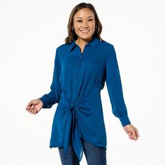 Colleen Lopez Convertible Button-Front Tunic  Designed with a comfortable cotton fabric, this button-front top gives your everyday look an elegant vibe with its convertible tie-front design and dramatic hemline. Versatile Long Sleeve Blouse With Tie Waist, Casual Button-up Tie Waist Tops, Casual Button-up Tops With Tie Waist, Casual Tie Waist Blouse For Daywear, Tunic Designs, Button Front Top, Weave Style, Draped Fabric, Front Design