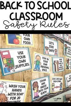 the back to school classroom safety rules are displayed on a wooden wall with clippings