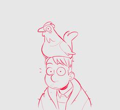 a drawing of a man with a bird on top of his head, in red ink