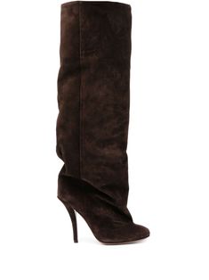 coffee brown calf suede ruched detailing pull-on style knee-high high stiletto heel round toe branded insole leather lining leather sole Chic Brown Knee-high Boots With Sculpted Heel, Luxury Brown Knee-high Boots For Winter, Suede Boots Outfit, Brown Suede Knee-high Boots, Luxury Brown Knee-high Boots With Suede Lining, Luxury Brown Suede Mid-calf Boots, Paris Texas, Colorful Shoes, Girls Boots