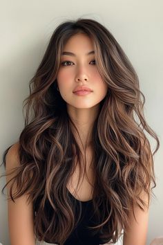 Coffee Brown Hair With Highlights, Dark Beachy Hair, Honey Brown Hair Asian, Chocolate Brown Hair Asian, Dama Makeup, Senior Headshots, Fall Bronde Balayage, Soft Waves Hair, Asian Balayage