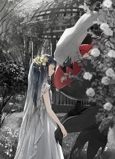 a woman in a wedding dress standing next to a giant dragon with long blue hair