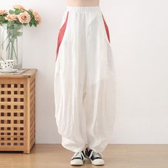 Plus Size Women Spring Summer Linen Loose Pants Feb 2022 New Arrival One Size White White Loose Fit Ankle-length Harem Pants, White Ankle-length Harem Pants With Loosely Fitted Hips, Spring Harem Parachute Pants With Pockets, Baggy White Harem Pants With Elastic Waistband, White Baggy Wide-leg Harem Pants, White Baggy Harem Pants, White Wide-leg Harem Pants With Elastic Waistband, White Harem Bottoms For Spring, White Ankle-length Harem Pants