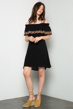 Great pick for brunch with the girls! It features a an off the shoulder embroidered neckline, is lined and has an A-line mini silhouette XS Bust 32" Length 28" : Small Bust 34" L 28" Medium Bust 36" L 28" : Large Bust 38" Length 28" length measured from neckline to hem Black Off Shoulder Dress For Brunch, Black Knee-length Off Shoulder Summer Dress, Black Knee-length Off Shoulder Dress For Spring, Black Off-shoulder Knee-length Dress For Spring, Off The Shoulder Dress Black, Pocket Maxi Dress, Floral Embroidered Dress, Embroidered Neckline, Off The Shoulder Dress