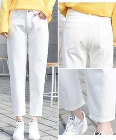 FREE SHIPPING Plus Size High Waist Denim Jeans Korean Style JKP1249 Baggy Ankle-length Jeans For Spring, Spring Baggy Ankle-length Jeans, Baggy Tapered Leg Cropped Jeans For Spring, White Non-stretch Denim Pants, Spring Baggy Cropped Jeans With Tapered Leg, White Denim Pants For Fall, Spring Ankle-length Jeans, White Non-stretch Jeans With Pockets, Non-stretch White Jeans With Pockets