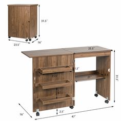 an image of a desk with drawers and wheels on the bottom half, measurements for each drawer